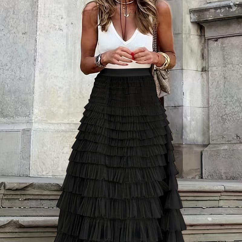 Elegant Boho High Waist Skirt for Women - Durable, Comfortable Fit with Chic Mesh Layer & Contrast Lace, Perfect for Spring/summer
