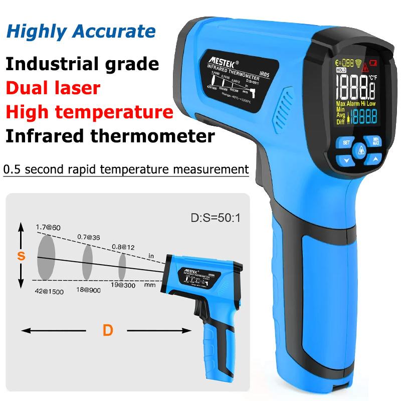 

-50°C~1600°C Бесконтактный инфракрасный термометр с зондом типа К, промышленный измеритель высоких температур, регулировка коэффициента излучения, двойная сигнализация