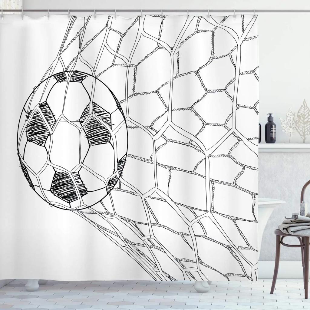 Abstract Football Pattern Shower Curtain Sport Theme Soccer Black and White Colors Waterproof Polyester Bath Curtain with Hooks