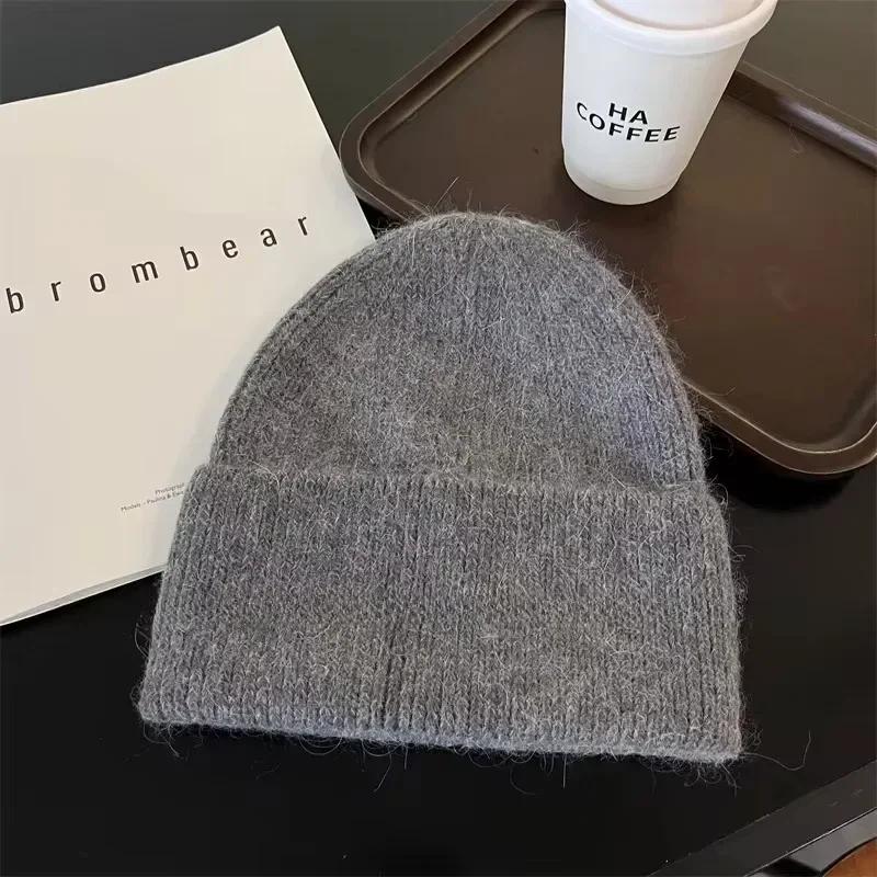 Angora Knit Winter Hat For Womens Rabbit Fur Fluffy Knitted Beanies Korea Luxury Bonnet Female Soft Warm Skullies Beanies