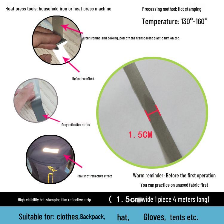 High-visibility Heat-applied Reflective Tape for Nighttime Traffic Warning, Directly Heat-pressed Onto Clothing.