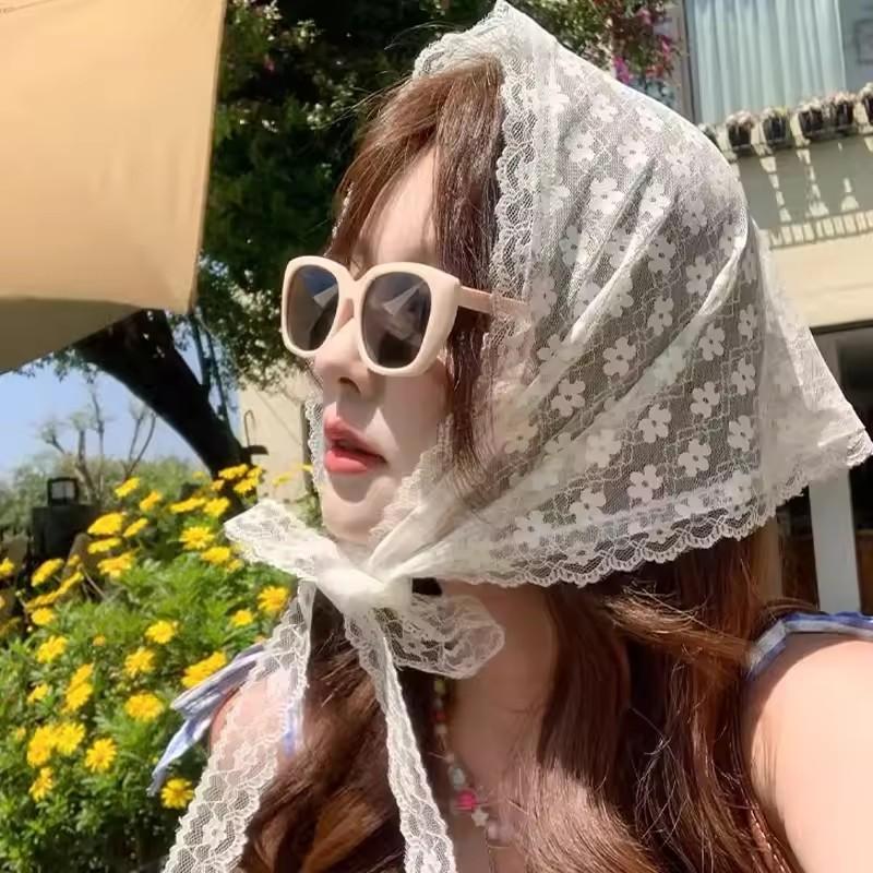 

Женский шарф-треугольник из кружева и сетки во французском деревенском стиле, весенне-летний, с цветочным принтом, элегантная повязка на голову, богемные аксессуары для волос