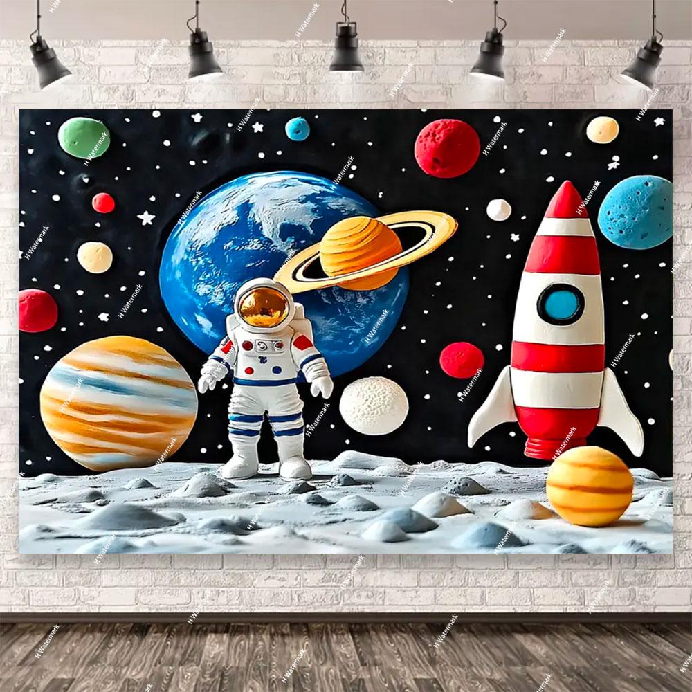 Space Astronaut Birthday Party Background Banner Custom Decoration Rocket Theme Photography Boy Birthday Gift Photo Studio Prop