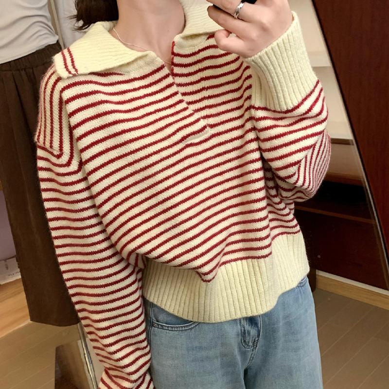 

Свитер женский повседневный вязаный топ с лацканами в полоску и куртка One size красный