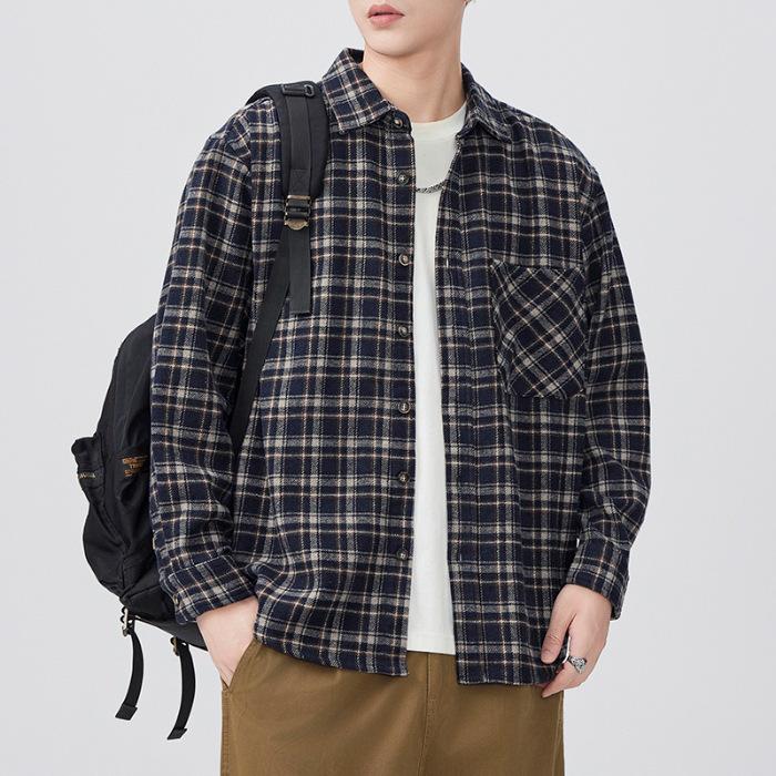 

Весна Новая Японская Ретро Мужская Свободная Рубашка Цвет Клетка Повседневная Рабочая Рубашка Куртка 4XL