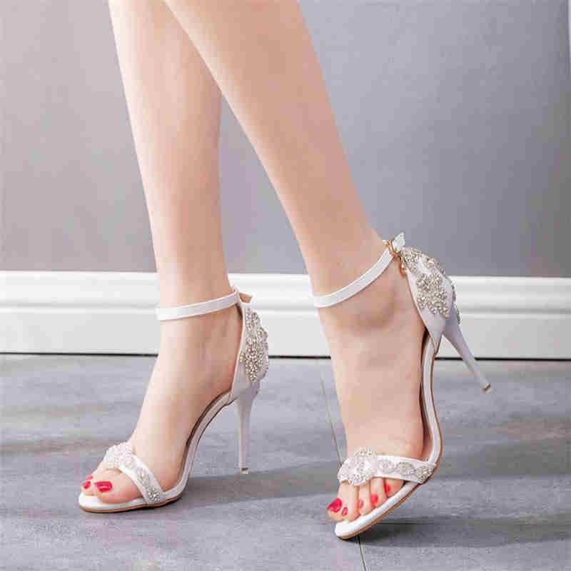 Women Shoes Sandals Summer Open toe Thin High Heels White Luxury Rhinestones Wedding Shoes Bride Dress Pumps