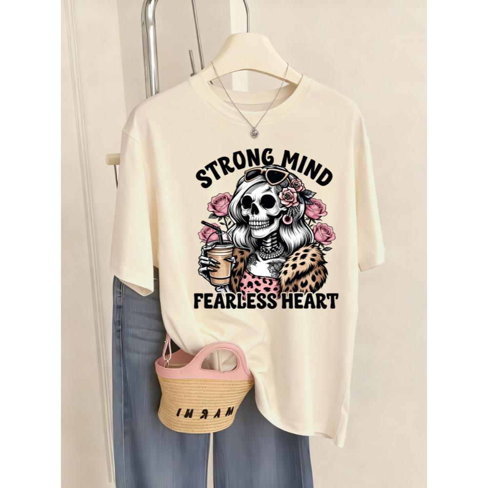T-shirts femme imprimé têtes de mort fleuries, respirants et doux, col rond, style streetwear