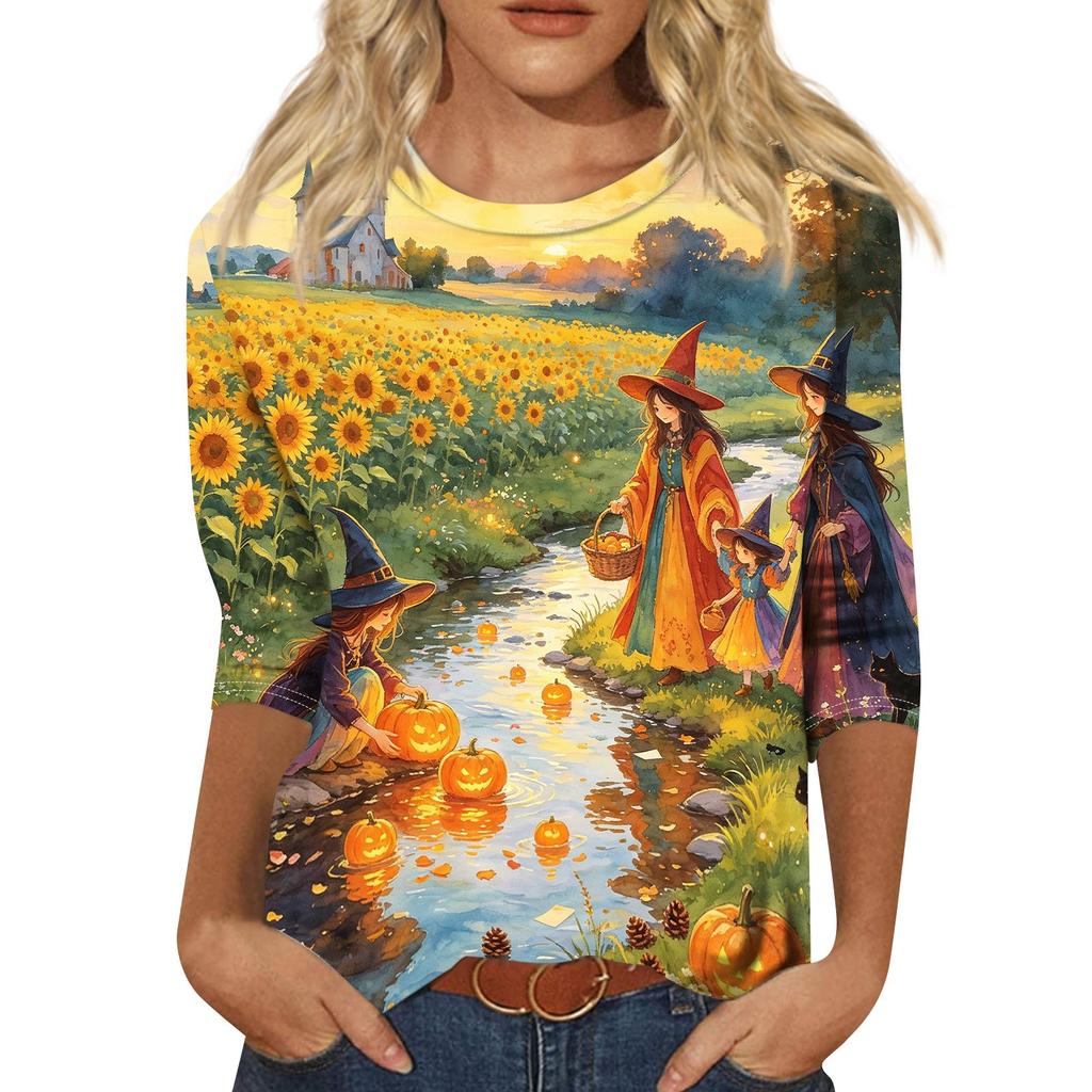 Women's Fashion Casual Halloween Print 3/4 Sleeve T-Shirt with Round Neck