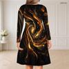 Women Plus Size V Neck Long Sleeve Marble Printed Dark Teal Black Gold Curved Hem Dress