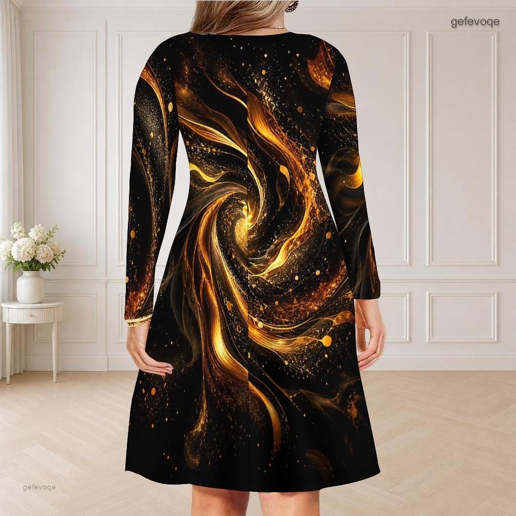 Women Plus Size V Neck Long Sleeve Marble Printed Dark Teal Black Gold Curved Hem Dress