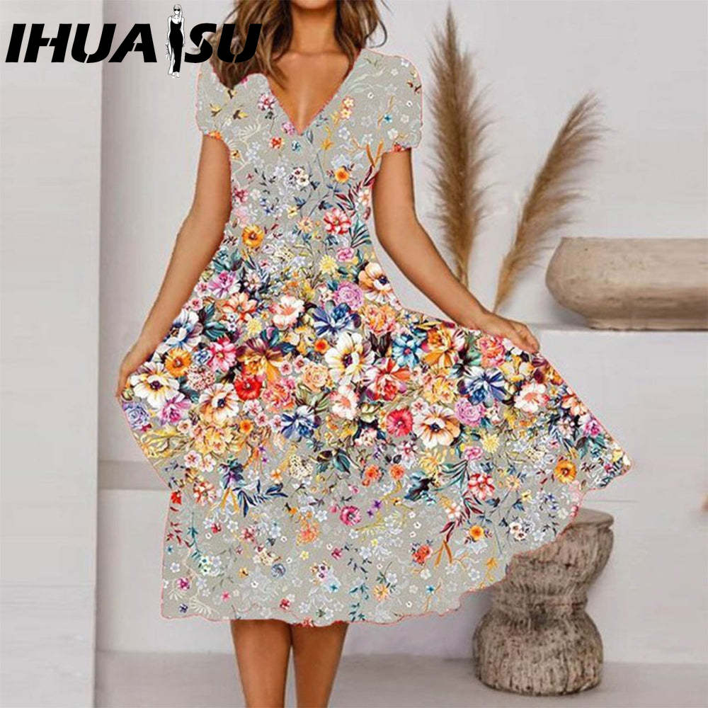 IHUASU Vestido midi de talla grande con escote en V, manga corta, dobladillo alto, informal, estampado floral colorido