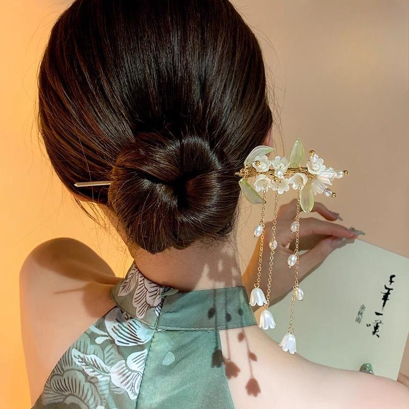 Pince à cheveux élégante de style chinois avec pompon, accessoire de coiffure à motif floral traditionnel, bijoux pour femmes, épingle à cheveux