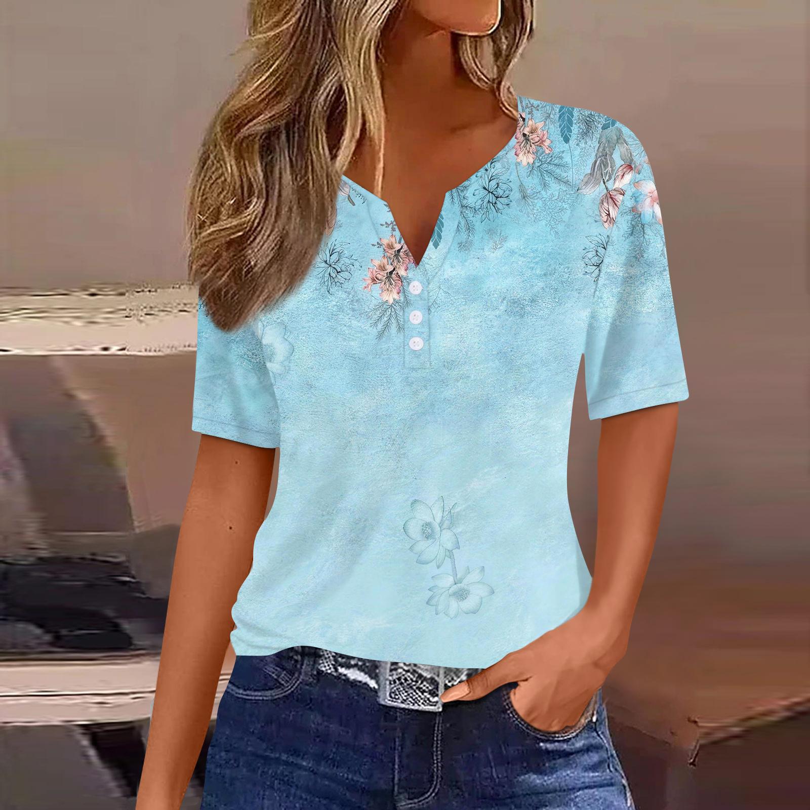 

Women’s Casual V Neck Short Sleeve Top with Button and Floral Print Loose Fit Blouse for Daily Wear XXL синий