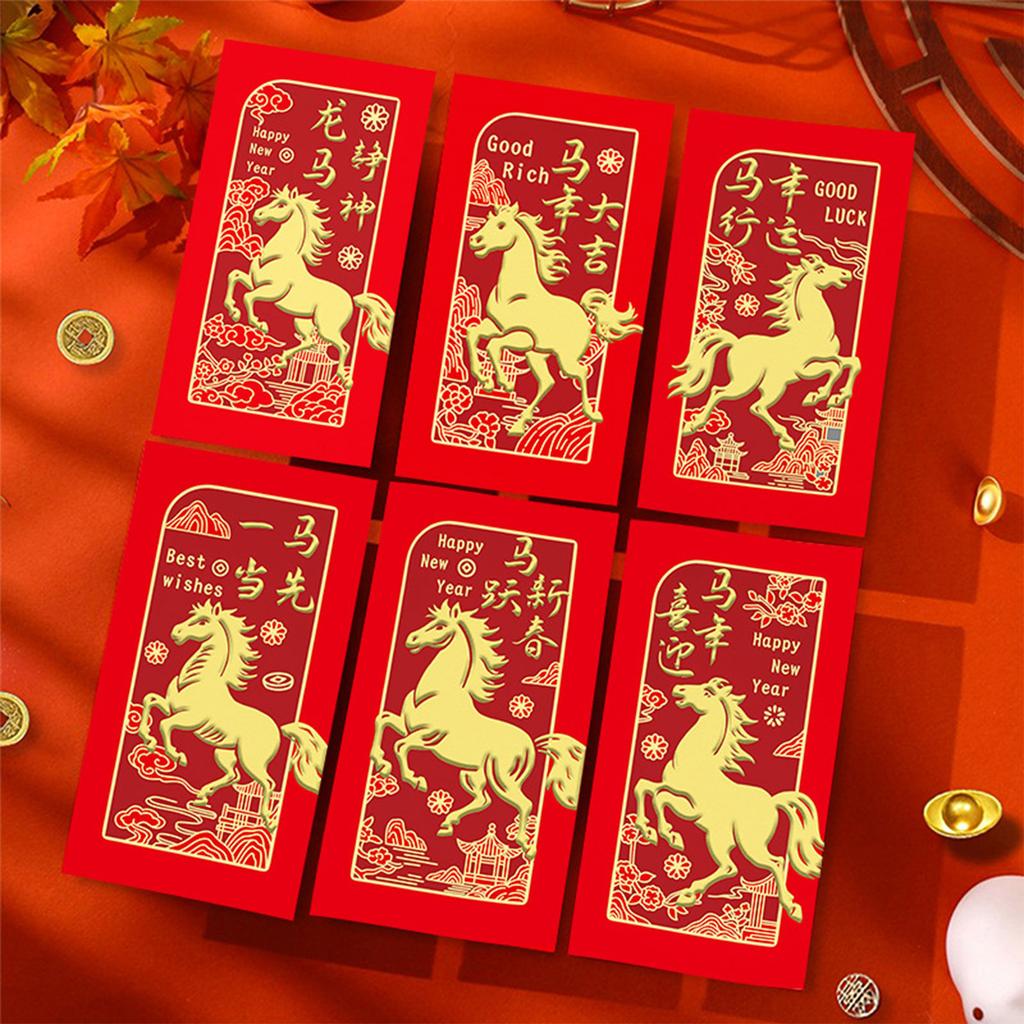 Pack Of 6 Year Of The Horses Red Envelopes Chinese New Year Blessing Paper Money Packets For Festives Occasion