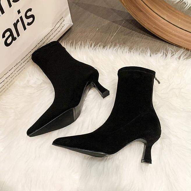 Short boots French slim heel elastic boots for women 2026 versatile soft leather zipper slim boots for women