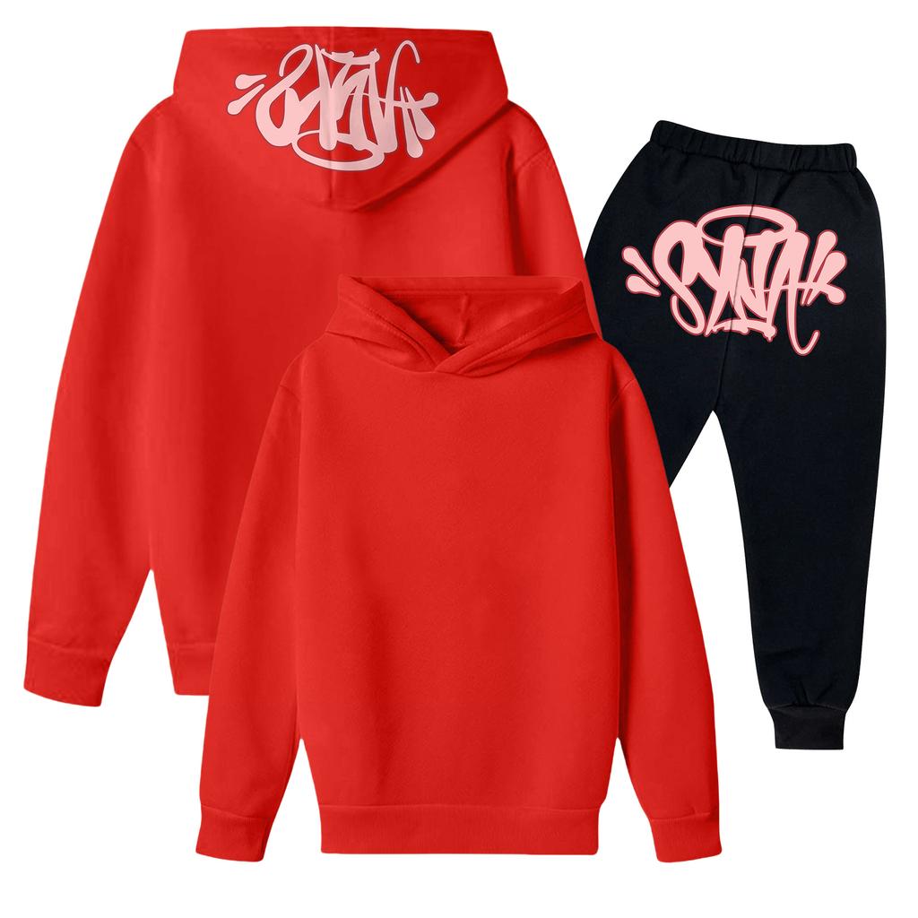 Kids' Long Sleeve Loose Pullover Letter Print Drawstring Hooded Sweatshirt Set
