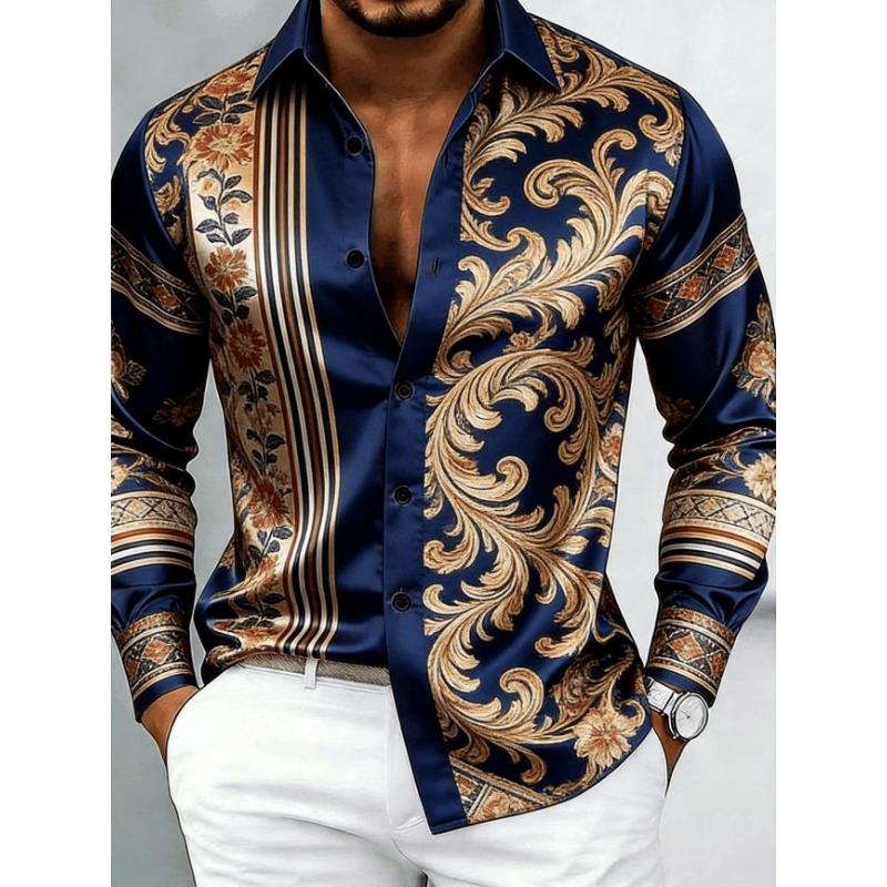 Luxury Men's Satin Long Sleeved Shirt, 3D Printed with Artistic Patterns, Comfortable Casual Vacation Collar Shirt