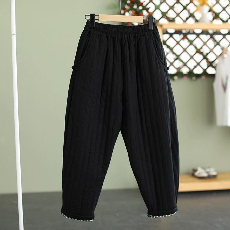 Winter Warm Clip Cotton Thickened Retro Down Cotton Pants Women's Outwear Elastic Waist Loose Relaxed Pants