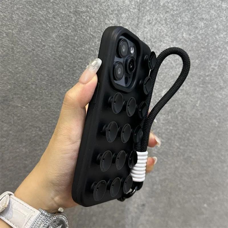 Fashion Cute Candy Liquid Silicone Suction Cup Wrist Strap Case For iPhone 17 15 14 11 12 13 16 Pro Max Plus Solid Color Cover