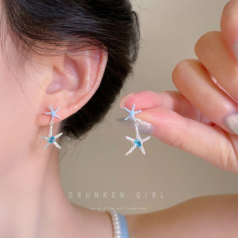 

Blue Starfish Stud Earrings Women s Accessible Luxury Fancy Niche Style Seaside Vacation Style Earrings Unique Earrings Suitable for Summer Double Starfish Zircon Earrings