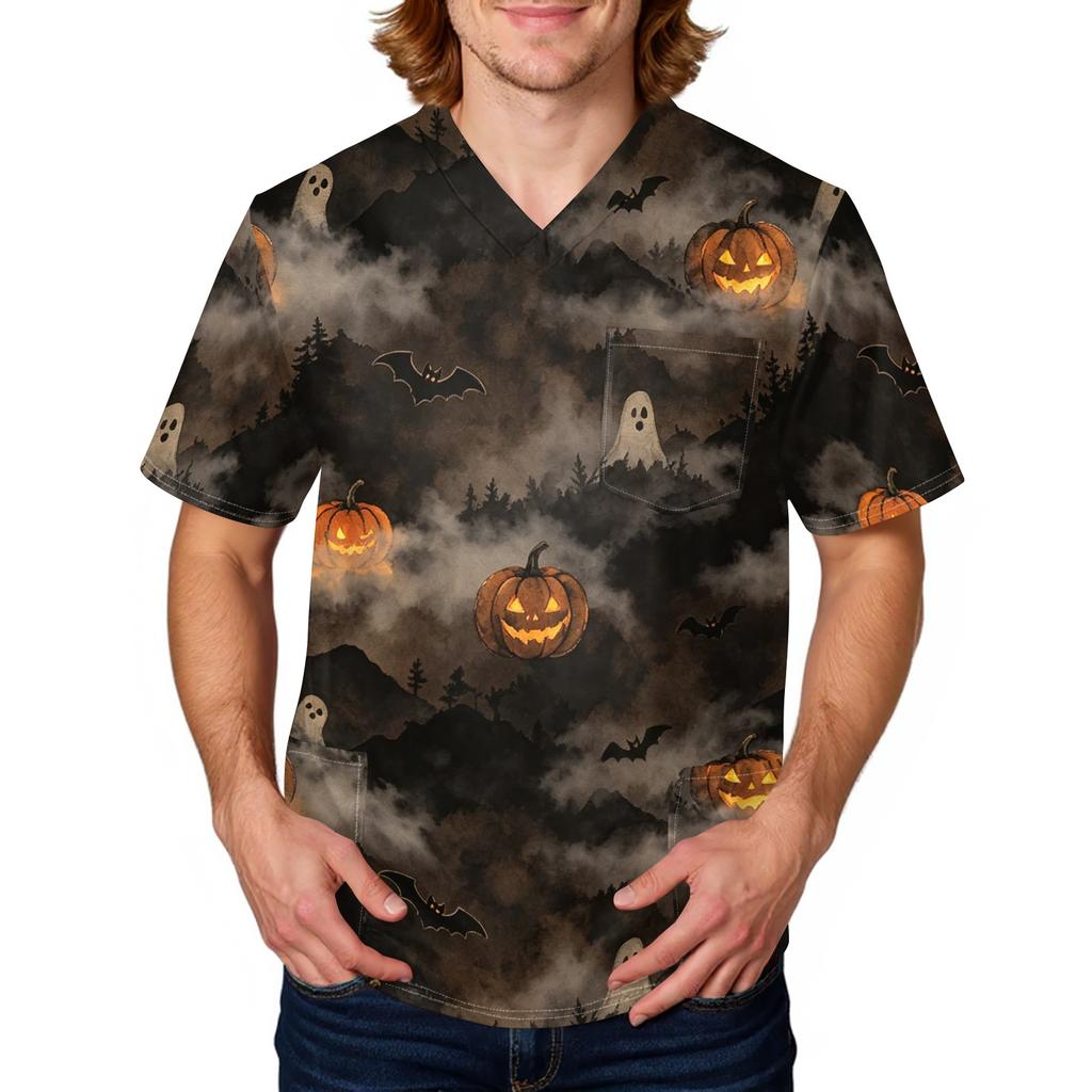 Men's Halloween Print Medical Scrub Top V Neck Tie Pocket Comfortable Fit Workwear for Healthcare Professionals Daily Use