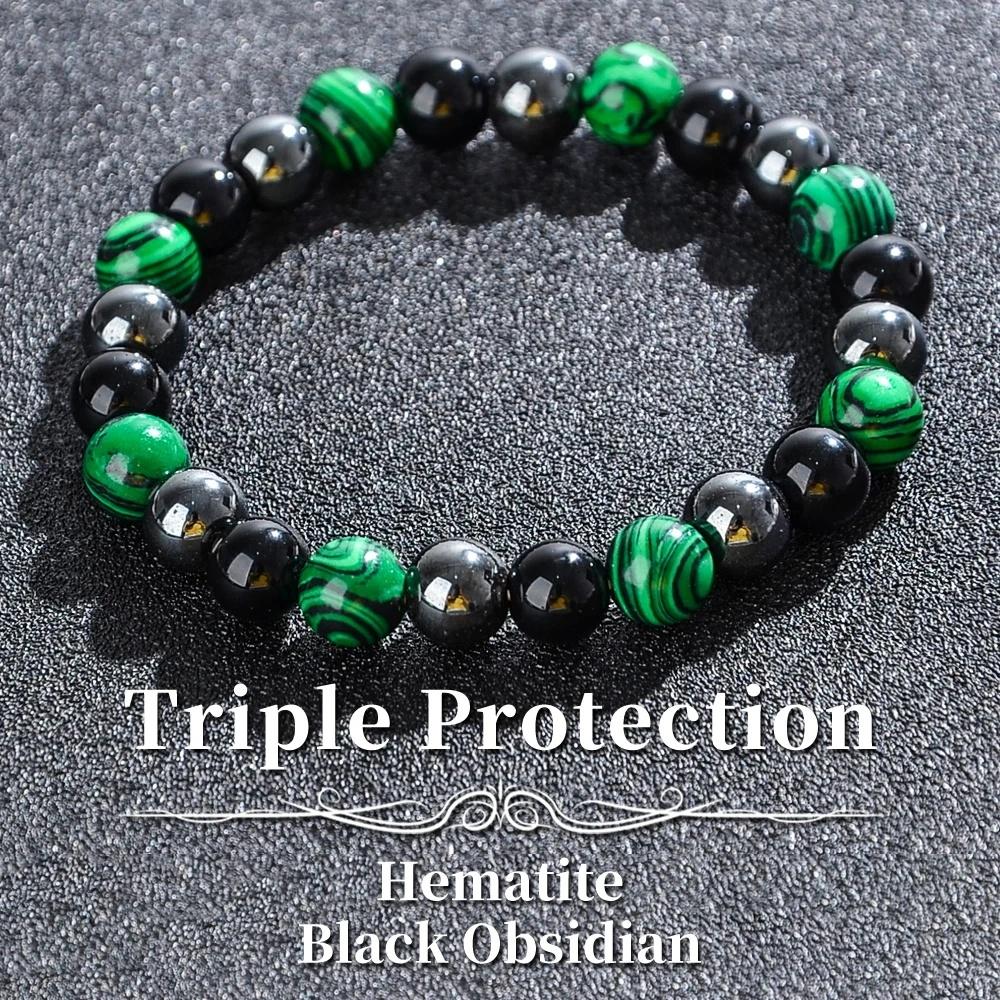 Браслет Тройной Защиты Синий Малахит Черный Желчный Обсидиан Браслет из Бусин Ручной Работы Эластичный Браслет из Бусин