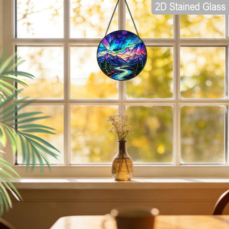 1pc 2D Flat Landscape Stained Glass Suncatcher, 6.3/7.87 Inch Starry Night Mountain Stained Glass Suncatcher, Home Decor, Garden Windocw Decor