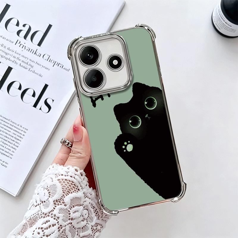 Black Cat Cartoon Cute Plating Phone Case For Xiaomi Redmi Note 14 15 Pro Plus 13 12 11 11S 11T 10 9S 9 5G Anti-Fall Airabag Cov