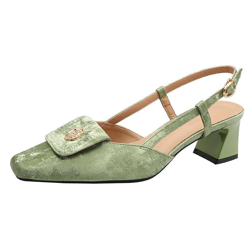 French Bag Head Sandals Women's Summer Square Head Rear Empty Single Shoes 2025 New Silver One-word Buckle with Thick Heels High Heels