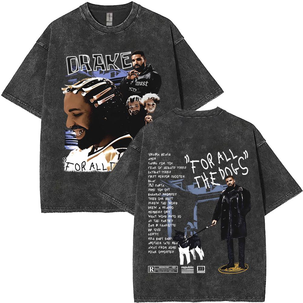 Washed Vintage Rapper Drake for All The Dogs Tshirt Men Women Hip Hop Fashion Pop Music T Shirt Cotton Short Sleeve Tshirt
