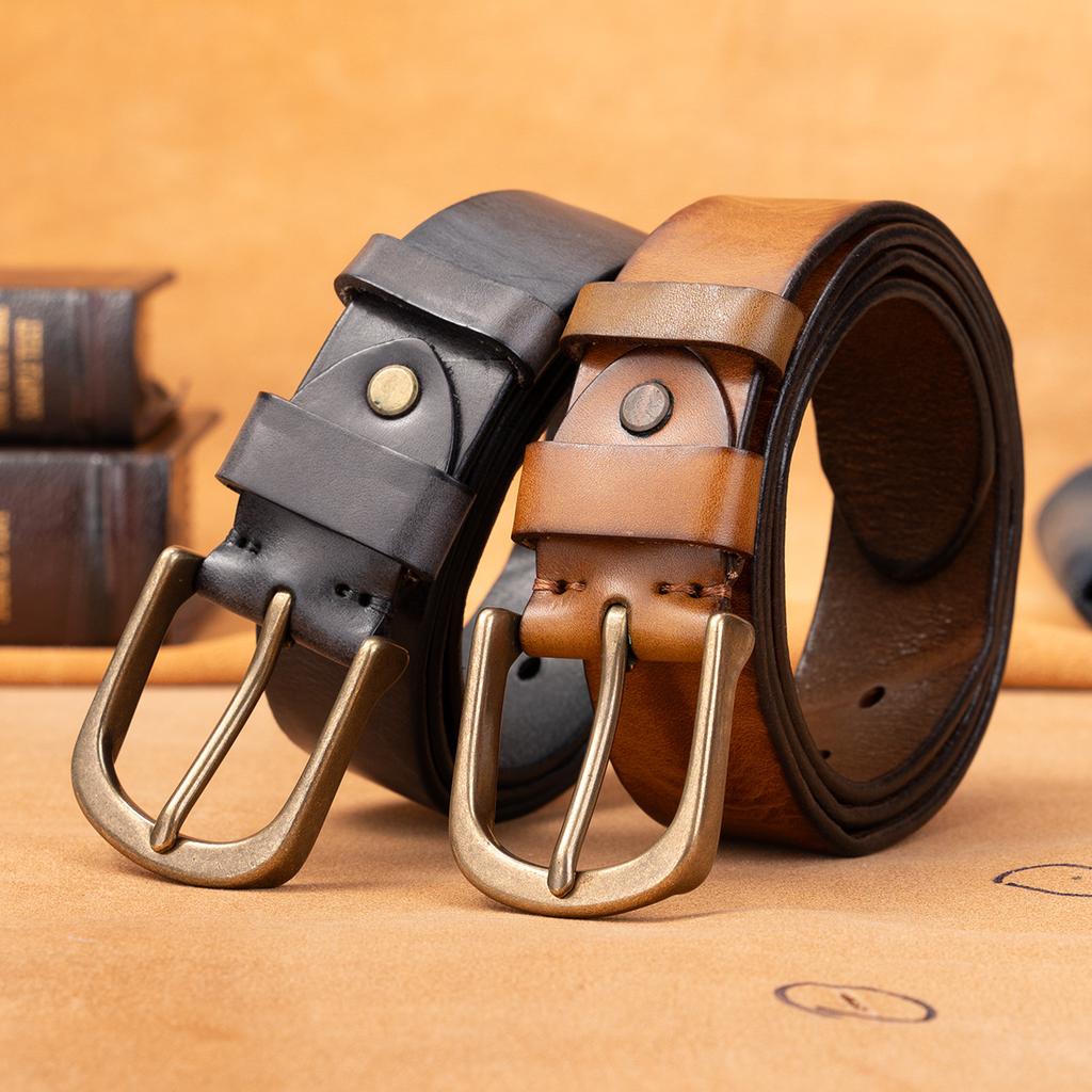Men'S First-Layer Cowhide Belt Casual Simple Pin Buckle Leather Belt Business Middle-Aged And Young Solid Copper Buckle Belt Men