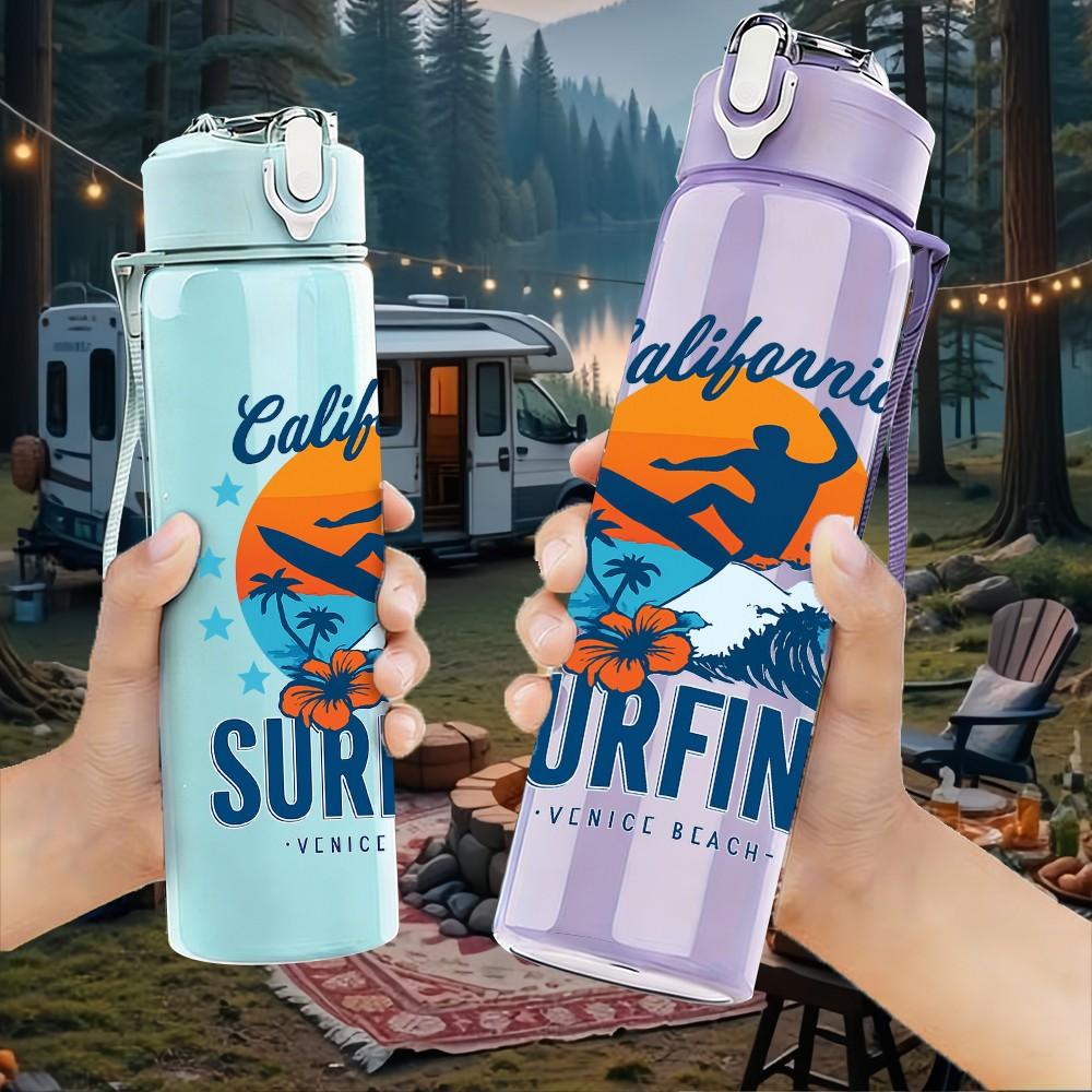 1PC California Surfing Graphic 750ml Color Plastic Sports Water Bottle Leakproof Flip Straw Lid Suitable for Sports Office Home Use
