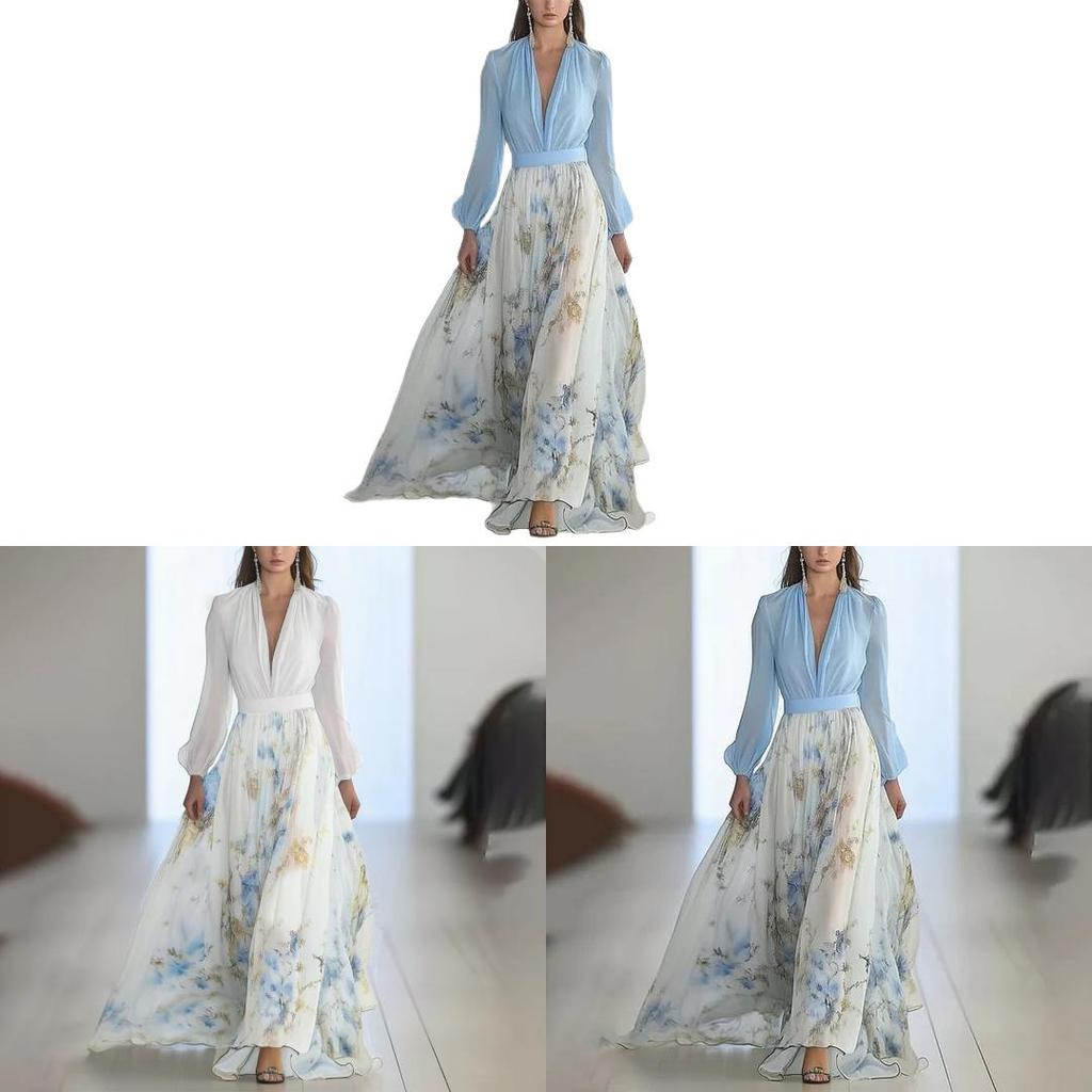 Euro Female Long Sleeve V Neck Spliced Print Chiffon Maxi Dress For Casual Streetwear