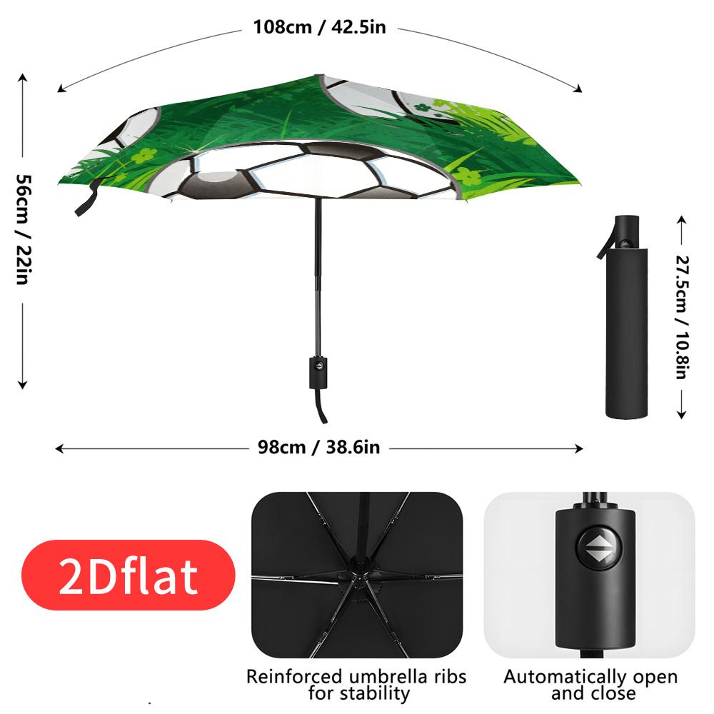 A Football-themed Folding Umbrella - Featuring a Vibrant Green Grass Design with Multiple Black and White Soccer Ball Patterns