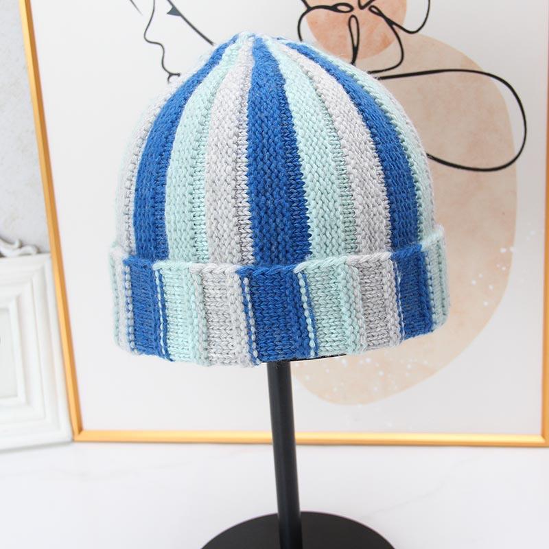 Retro contrasting striped knitted hat women's autumn and winter flanged cold hat versatile wool showing face small warm melon fur hat