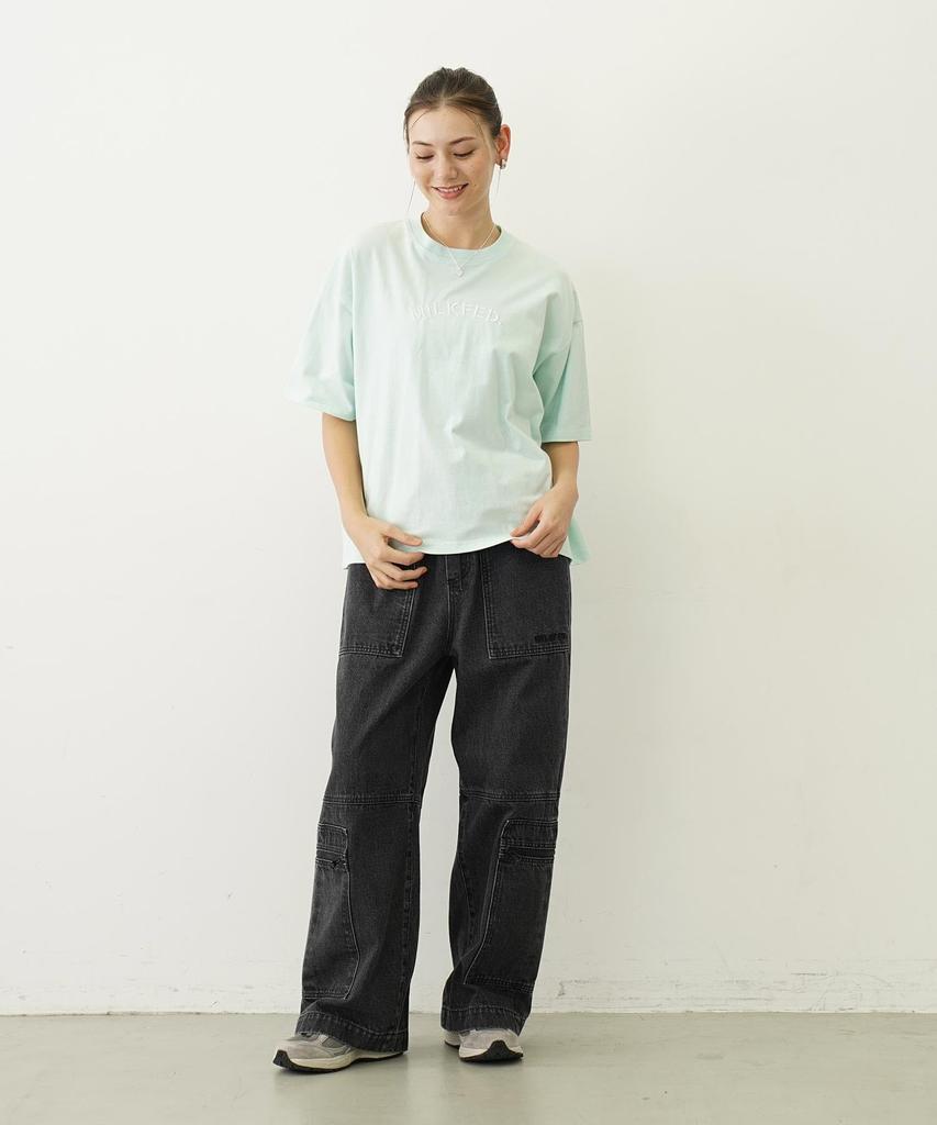 Milkfed Casual Embroidery Arch Stencil Wide Short Sleeve Tee In Light Green Women's