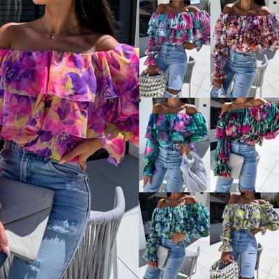 Herbst Chiffon Hemd Frauen Sexy Mode Ein Hals Off Schulter Blusen Langarm Gedruckt Hemd Frauen
