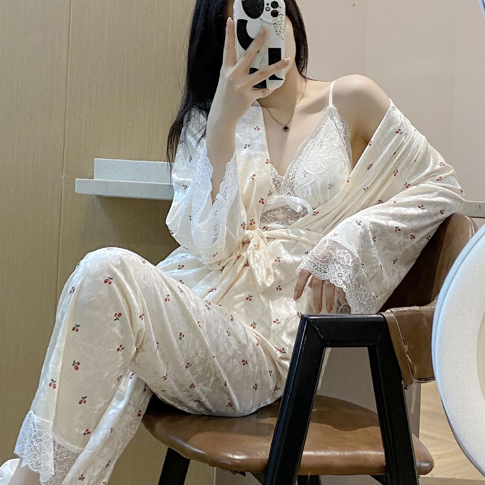 

Зимняя сорочка, верхняя часть, женская пижама, комплект из трех предметов, теплая велюровая женская пижама, сексуальный ночной наряд, кружевная отделка, принт, одежда для сна 2XL