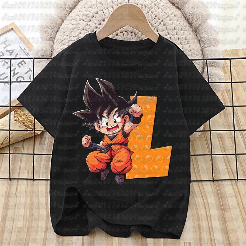 Dragon Ball Goku T-shirt Cotton Children A-Z Letter Tee Top Black Round Collar Clothing Boys Girl Summer Short Sleeve Kids