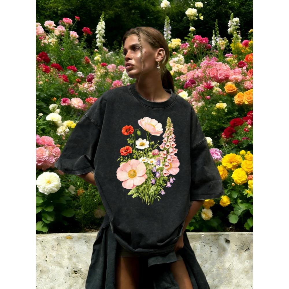 Beautiful Daisy Wind Chime Flower Print Washed T Shirt Women Casual Cotton T-Shirts Hip Hop Clothes Loose Short Sleeves