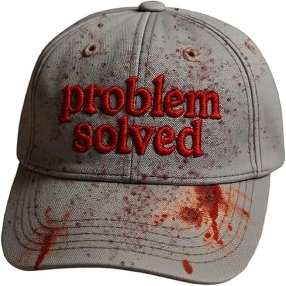 Unisex Casual Dark Blood Stain Hat Problem Solved Hat Embroidered Baseball Men Ball Cap Halloween Horror Costume Prop