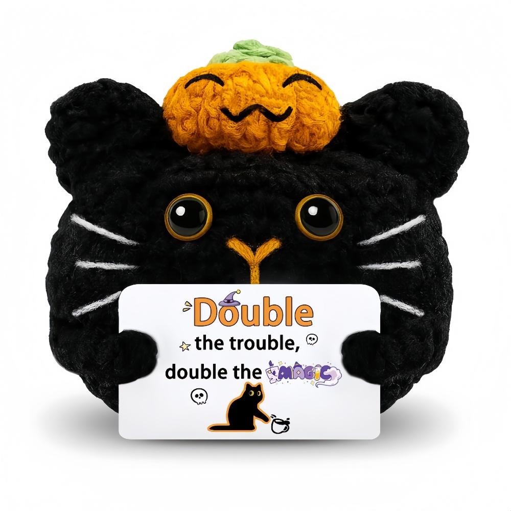 Handmade Pumpkin Cat Dolls Funny Positive Emotion Cute Crochet Mini Pocket Dolls with Card Home Decor Party Gift Ornament
