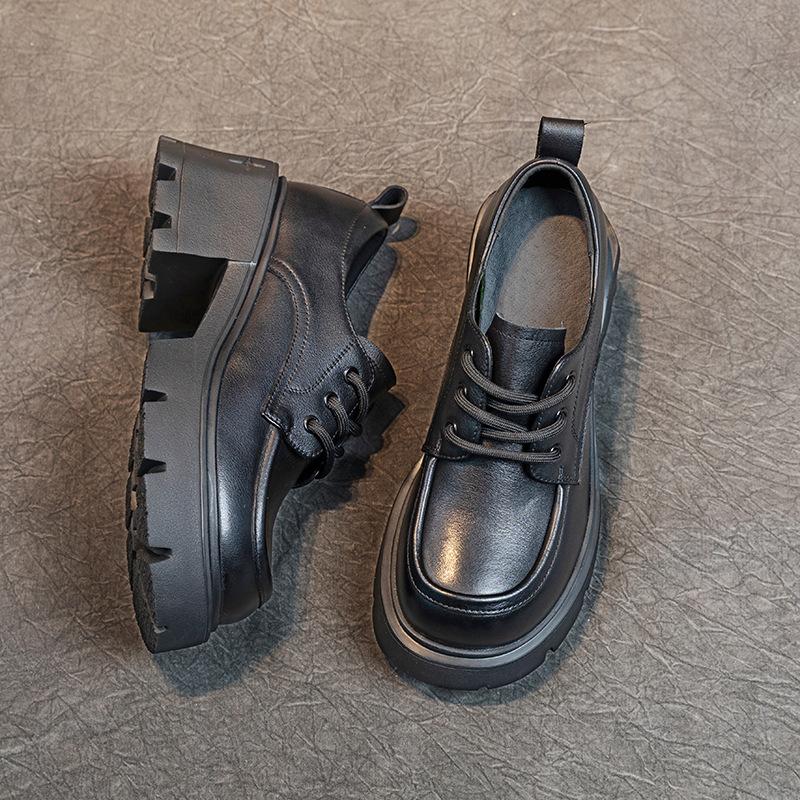 

Женские лоферы из первого слоя коровьей кожи весна-осень 2025 новая кожаная обувь на толстой подошве-маффин на шнуровке повседневная женская обувь 34