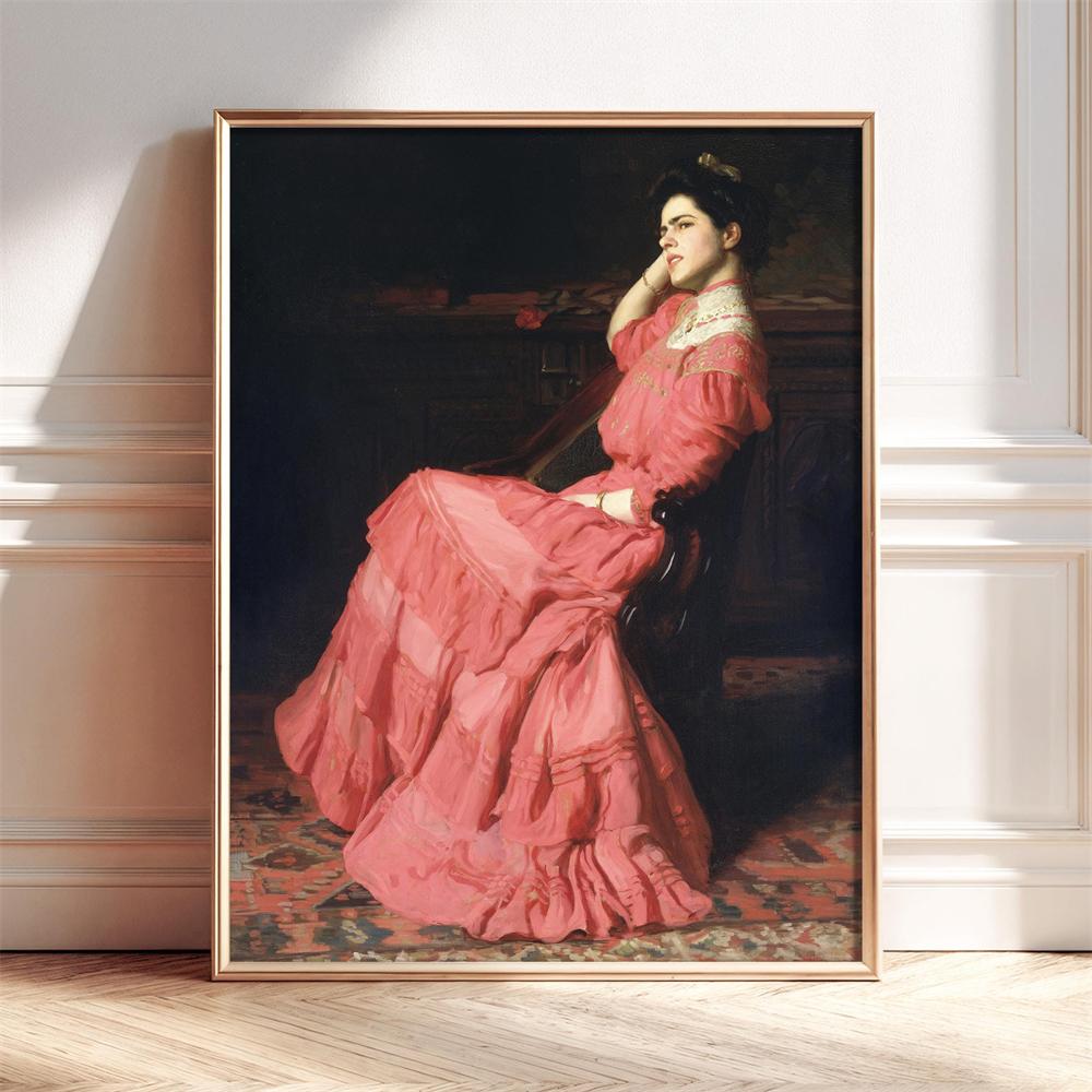 Girl in Pink Dress Romantic Oil Painting Art Print Poster Classic Art Portrait Poster Canvas Painting Woman in Black Dress Decor