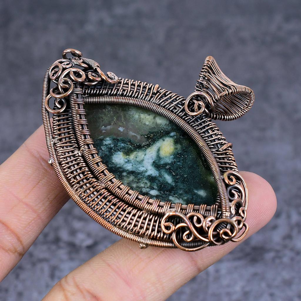 Pierre Gemme Agate Arbre Naturel Fait Main Fil de Cuivre Enveloppé Bijou Pendentif 2.17" R2e95