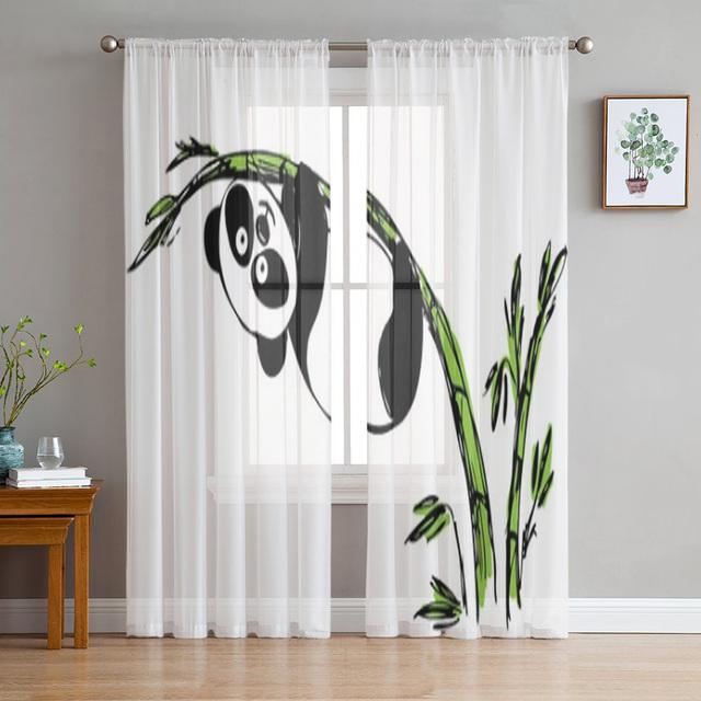 Animal Cute Panda Bamboo Cartoon Window Curtains Living Room Tulle Curtains Kitchen Decor Kids Room Curtain Window Treatment
