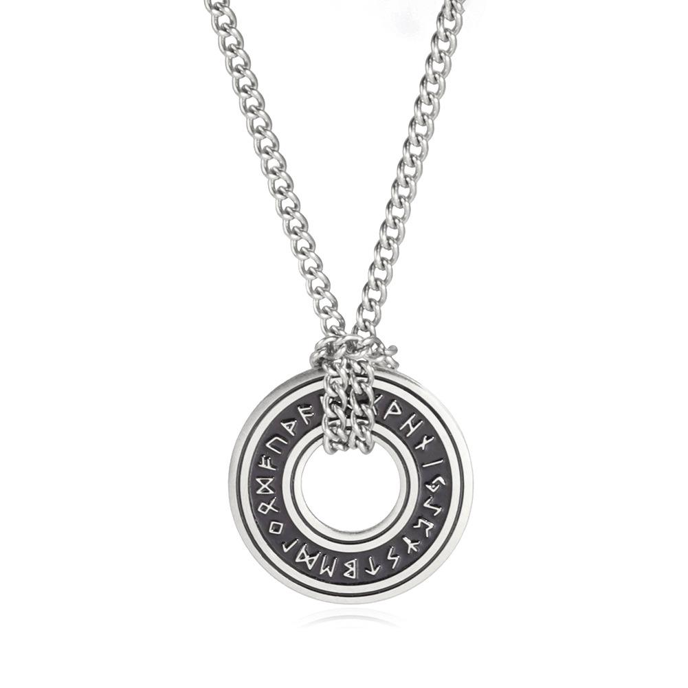 Retro Rune Cutout Ring Pendant Necklace In Blackened Titanium Steel with Leather Cord