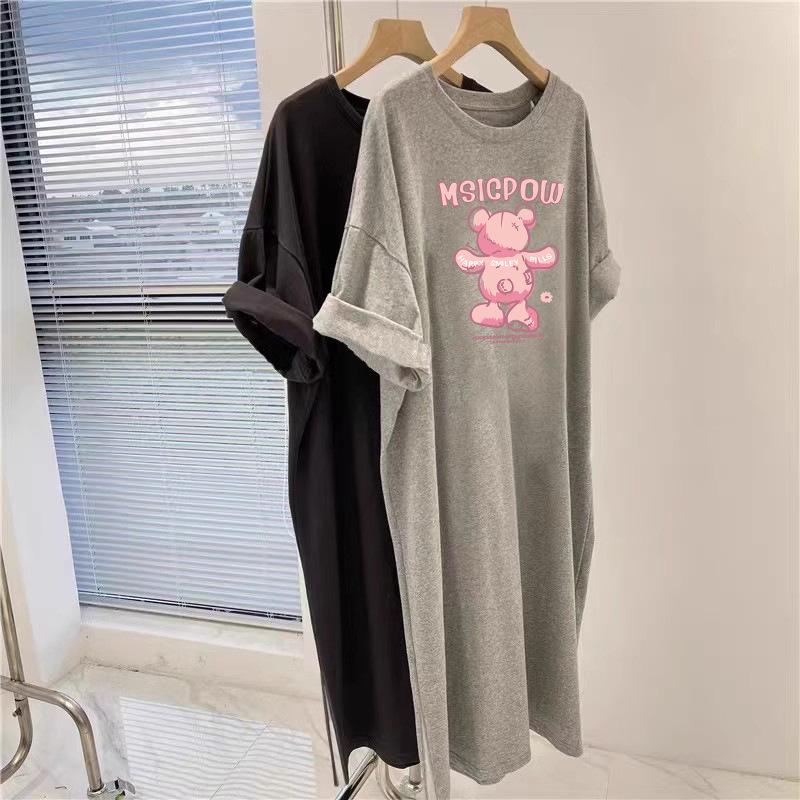 Korean Hip-Hugging Printed Plus Size Summer Dress, Mid-Length Over-the-Knee T-Shirt Style for Women, 2025 New Collection