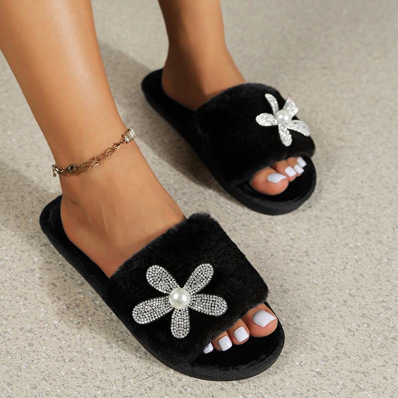 Fashion Crystal Flower Women's Fluffy Slippers Autumn Winter Open Toe Plush Home Slides Women Non Slip Indoor Bedroom Cotton Shoes Woman