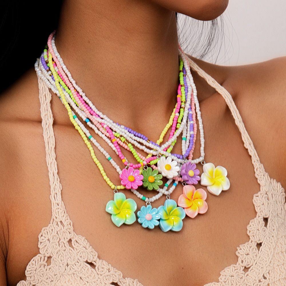 5Pcs Colorful Bead Choker Resin Plumeria Necklace Fashion Flower Beaded Necklace  Daily Wear